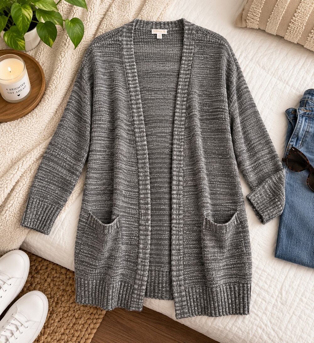 Knox Rose Womenโs XXL Gray Open Front Long Cardigan Sweater Duster Pockets